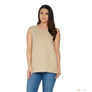 New Denim & Co. Sleeveless Textured Knit Henley Top in Classic Beige | Size XL